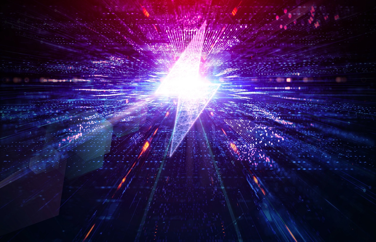 An energy lightning bolt radiates purple and blue light to showcase the power of an electric company